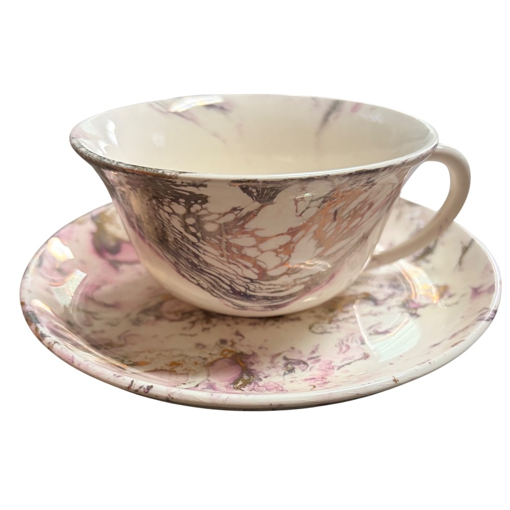 Sascha Brastoff California Pottery Teacup Saucer Set Purple Gold Marbleized MCM